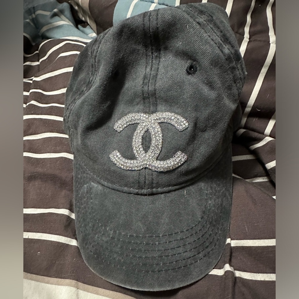 Black dad style hat with glitter “Chanel” logo